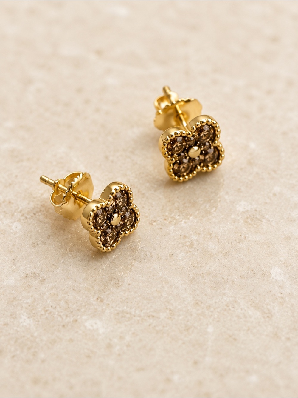 14K Yellow Gold Natural Chocolate Diamond Clover Flower Screw Back Earrings
